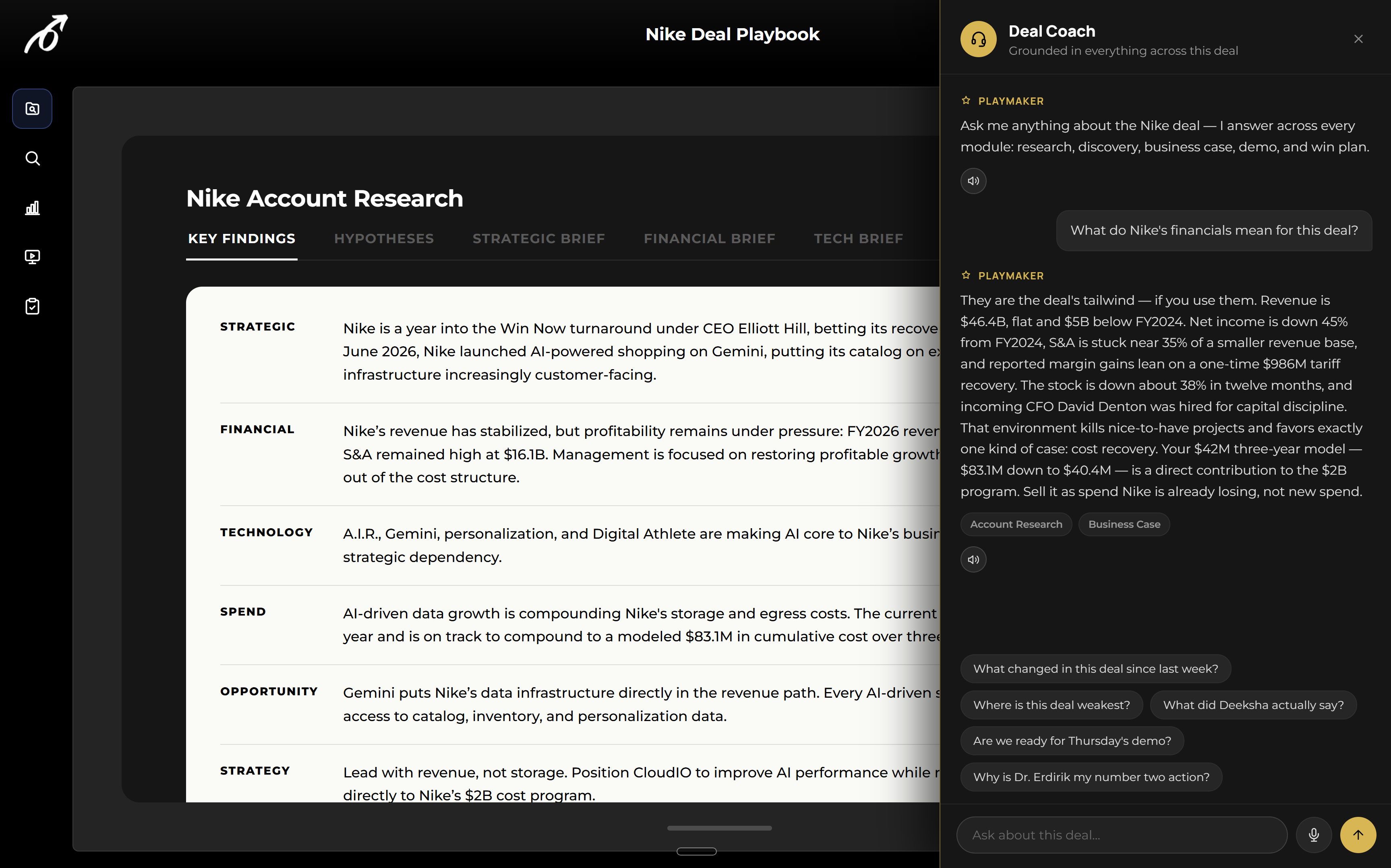 PlaymakerAI key findings from the Nike account research alongside the Deal Coach assistant